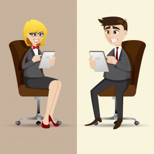 cartoon businesspeople sitting on chair and using tablet